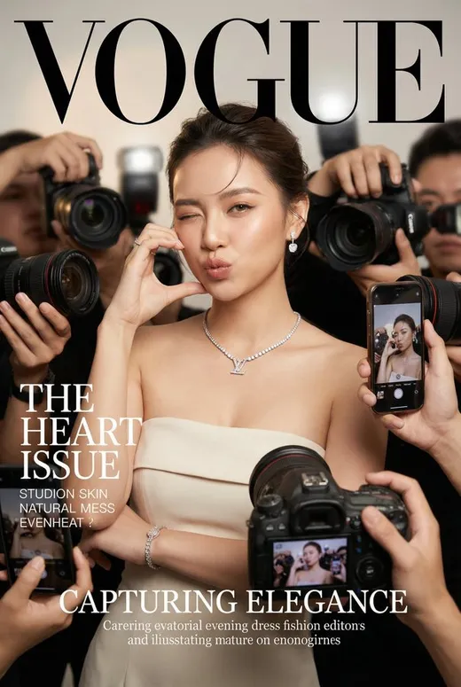 Create a realistic Vogue magazine cover–style fashion portrait using the uploaded face as the ori...