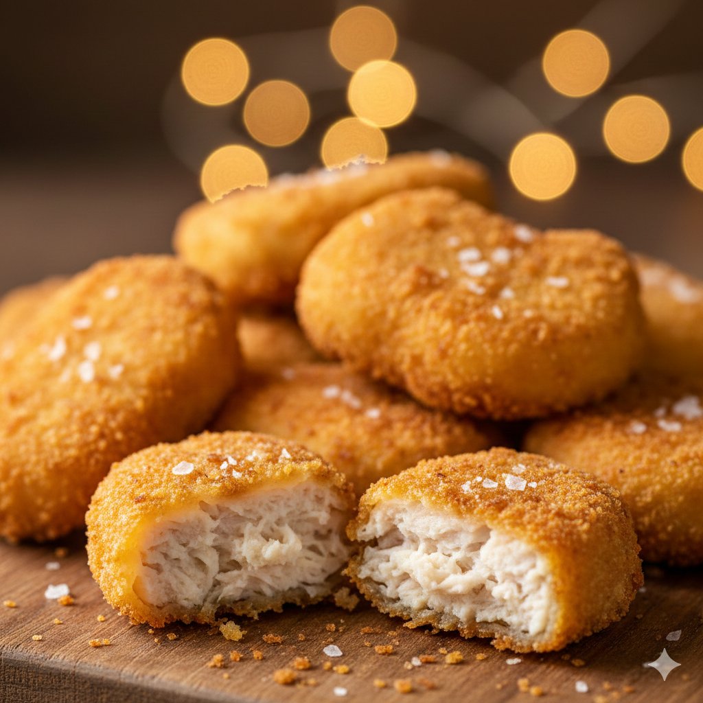 A slow, cinematic close-up video of crispy golden chicken nuggets. One nugget is bitten in half,...