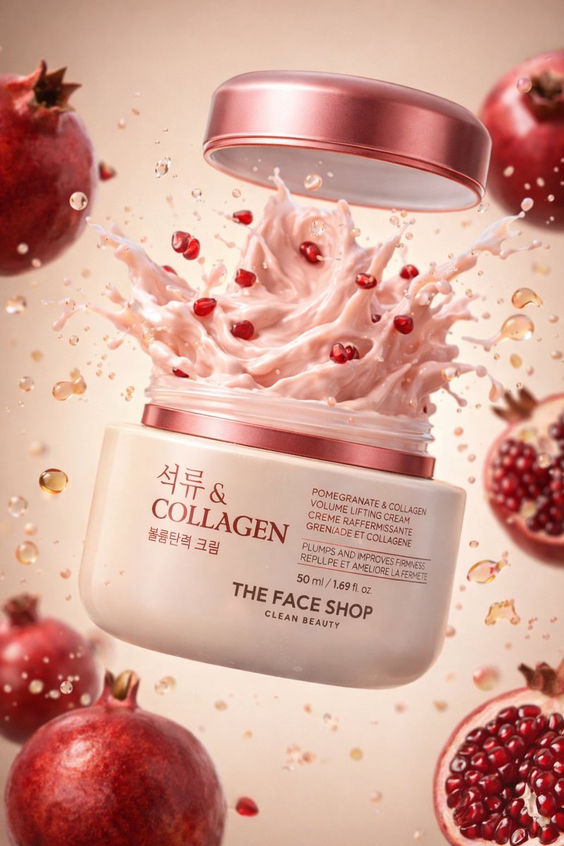 A hyperrealistic premium product photography scene of a smooth beige cosmetic jar labeled “Collag...