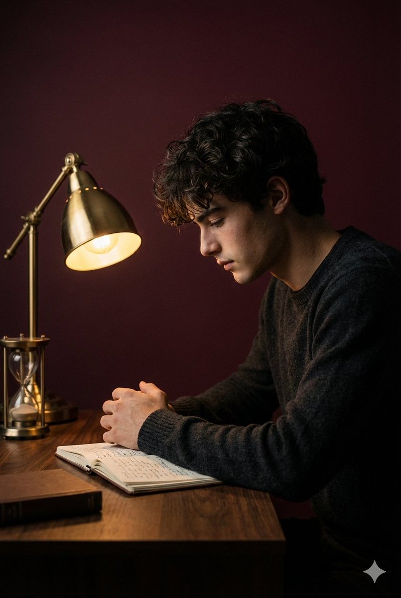 Cinematic, Low-key Indoor Portrait Framed In A Medium Side Profile, With The Subject Seated At A...