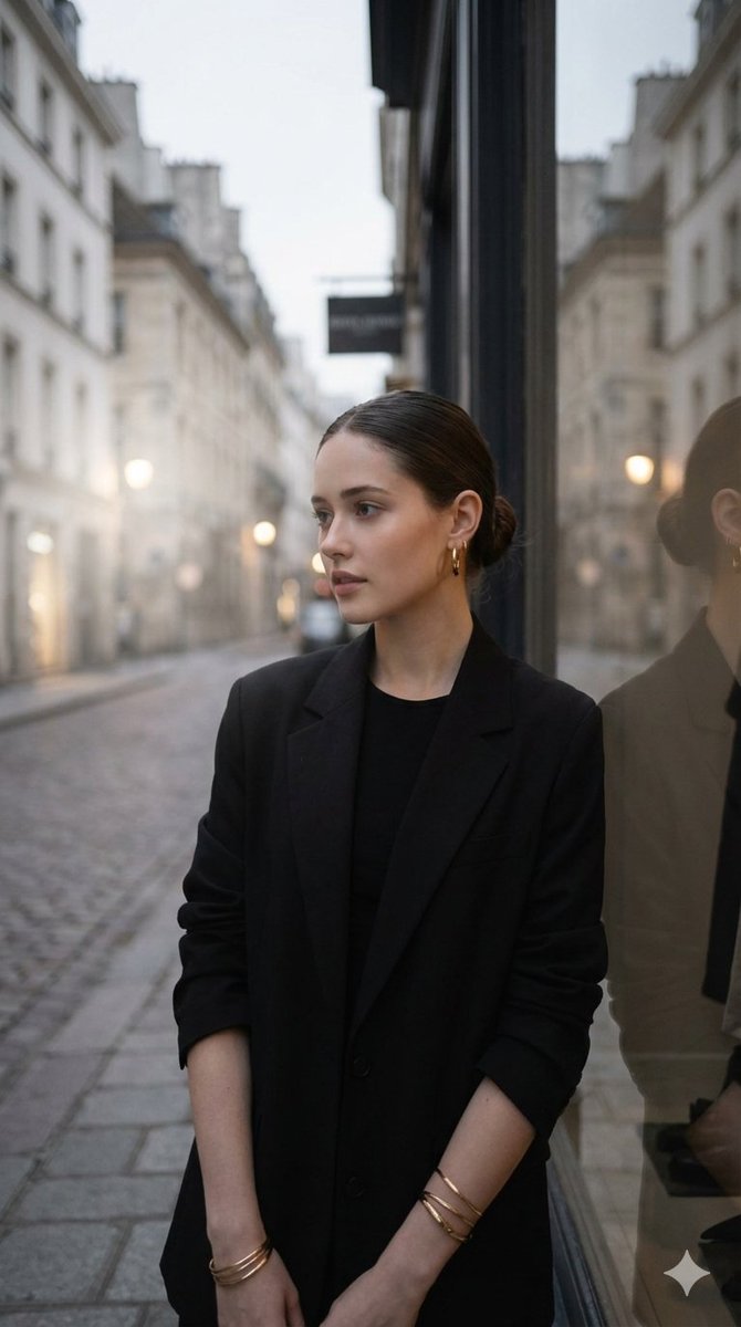 Elegant woman with dark hair in a sleek bun, wearing a structured oversized black blazer, standin...