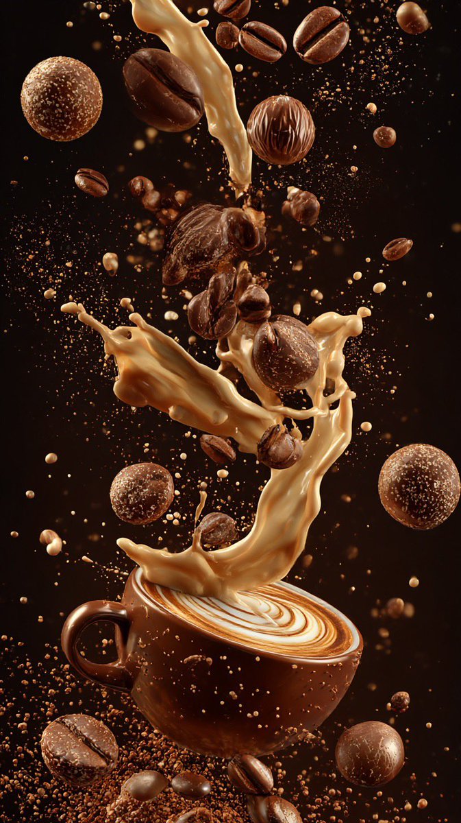 Ultra-cinematic vertical composition of coffee elements suspended in mid-air cascading roasted co...