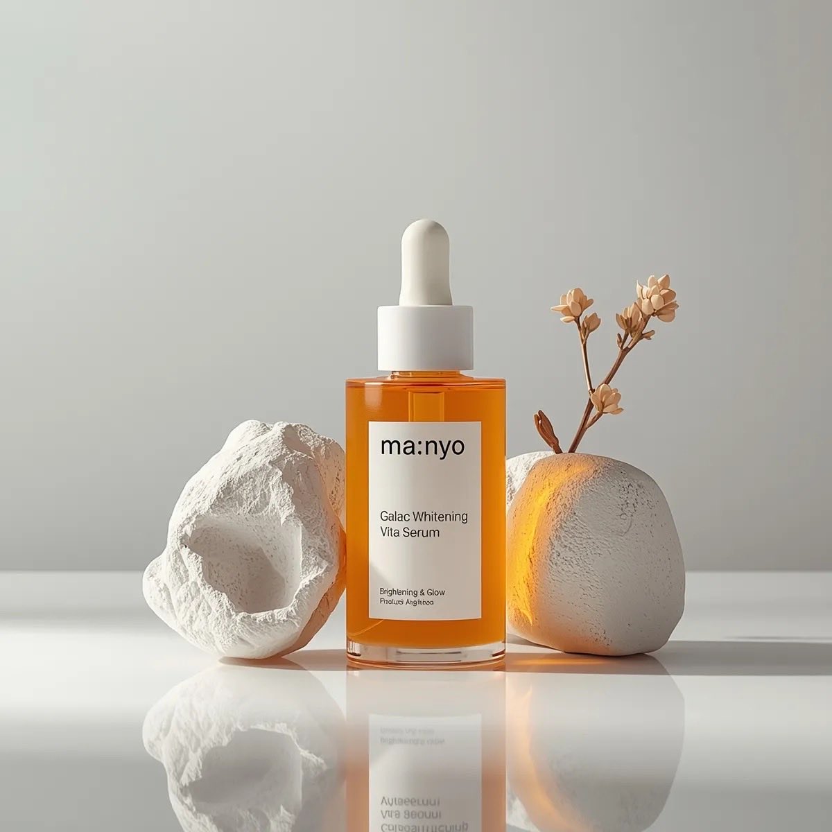 Minimal Luxury Skincare Product Minimalist studio product photography of an amber glass dropper s...