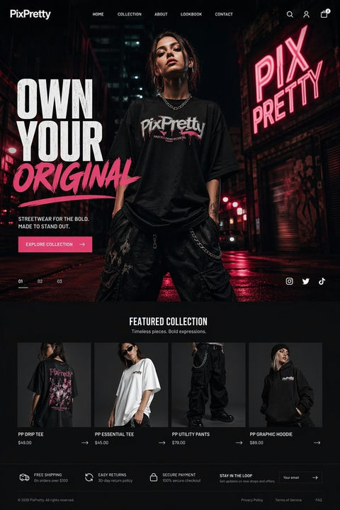 Modern fashion landing page design, PixPretty streetwear brand, female model in oversized t-shirt...