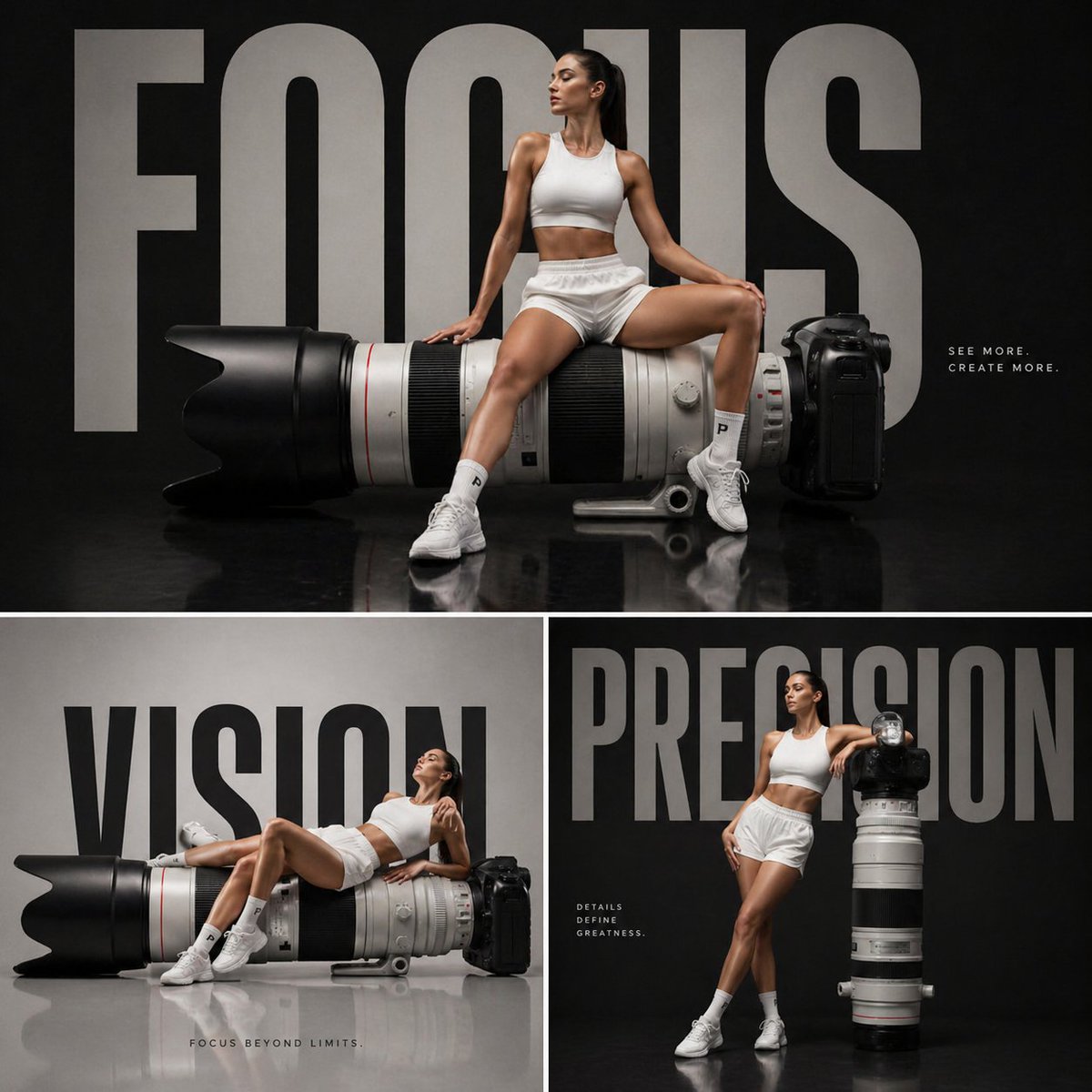 Luxury tech fashion campaign, oversized professional telephoto camera lens placed horizontally li...
