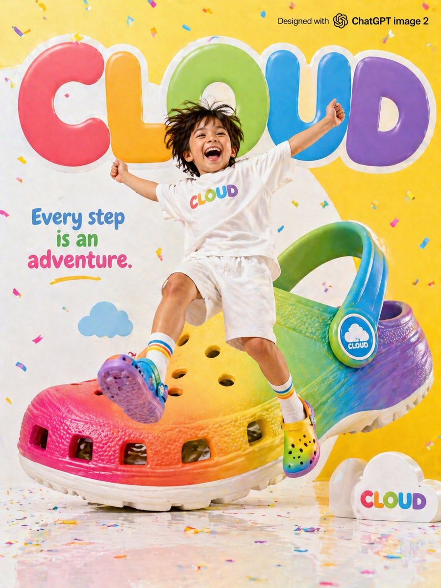 Bright colorful children's shoe brand advertisement for "CLOUD", happy young child jumping in the...