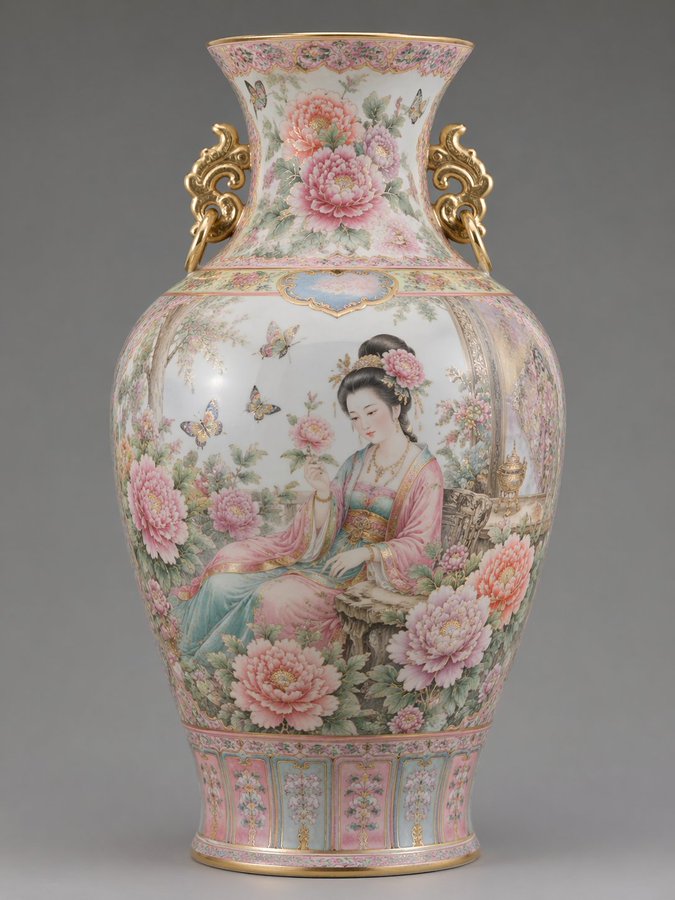 Famille rose porcelain Yang Guifei admiring a flower vase, peony and butterfly famille rose, impe...