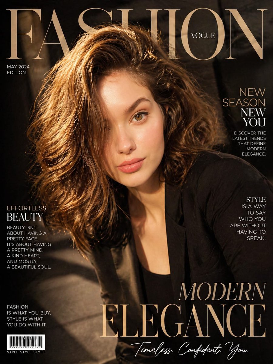 Ultra-realistic cinematic fashion magazine cover featuring the uploaded woman (strict identity lo...