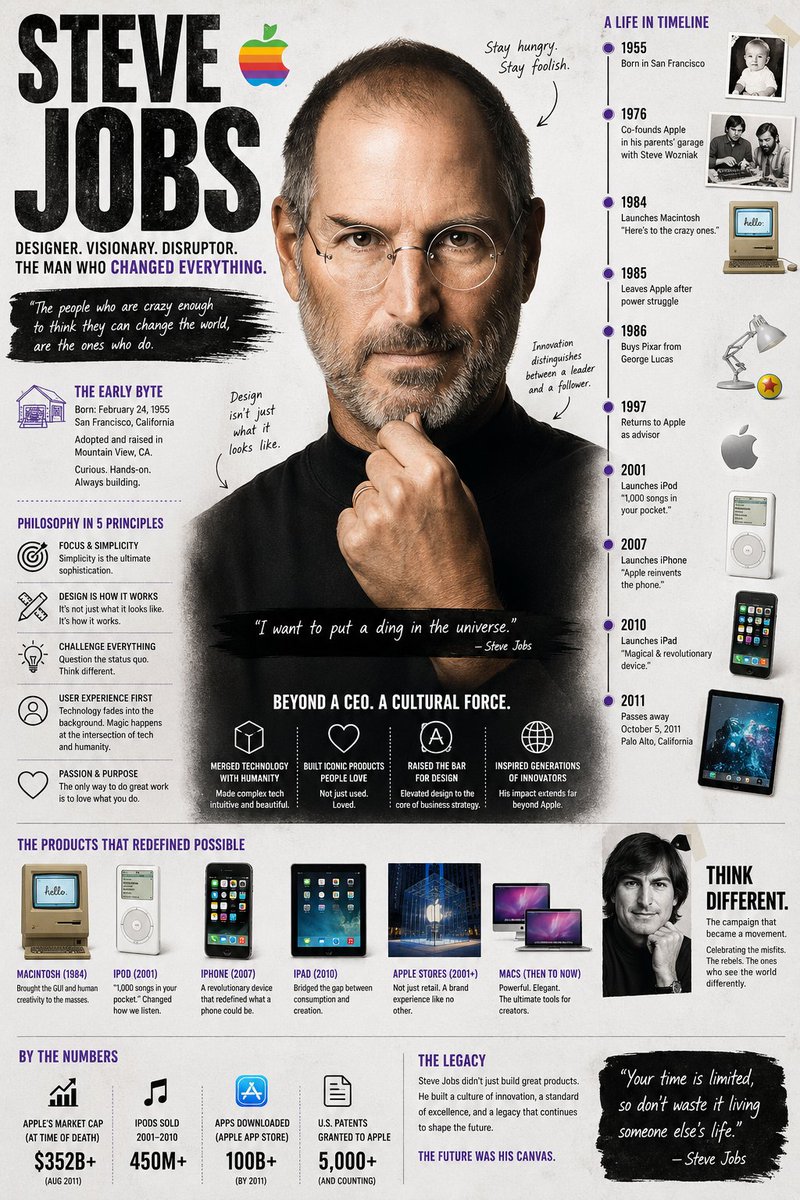 Create a visually rich infographic about [PERSON NAME]. Start by researching his life, major achi...