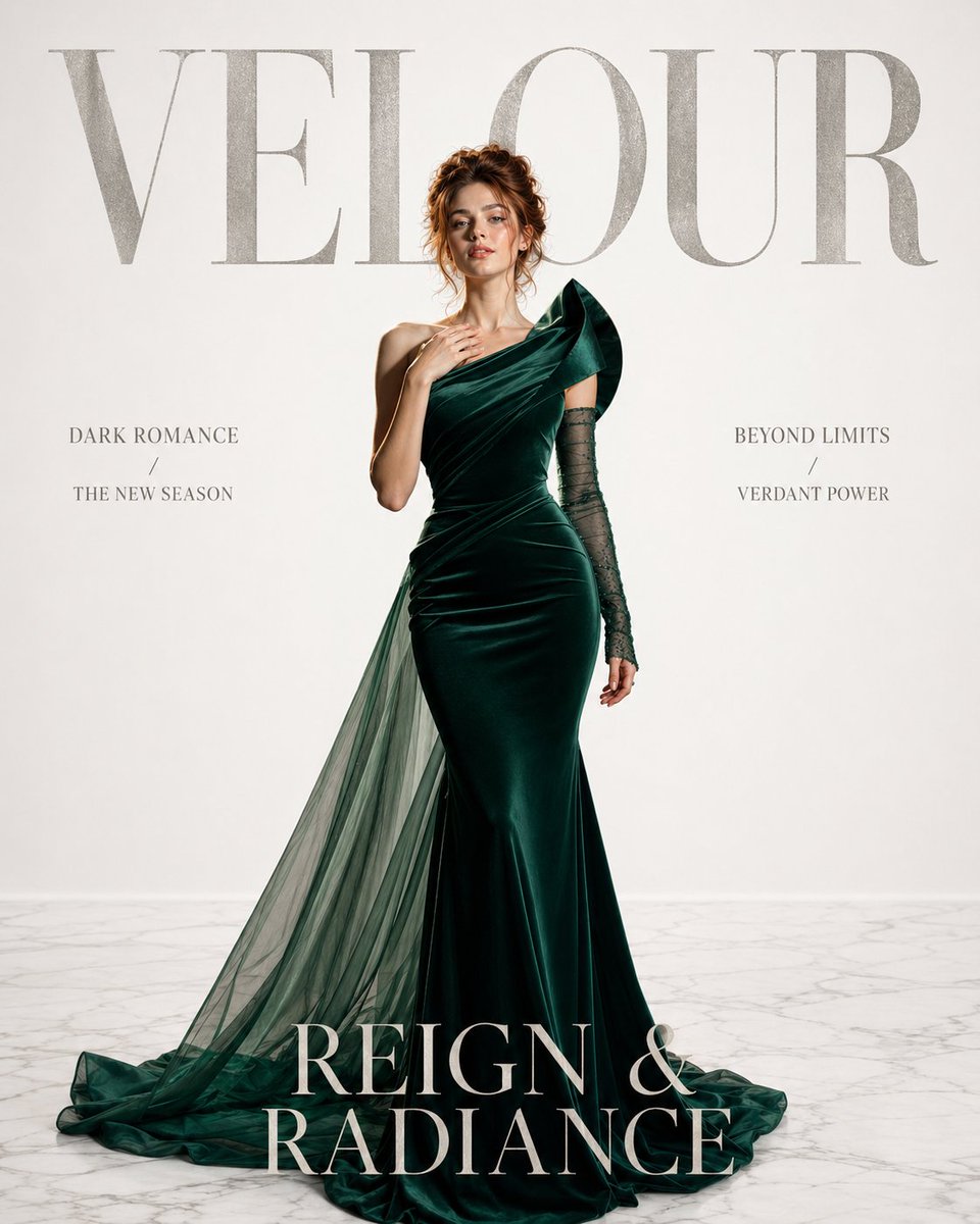 A stunning luxury fashion magazine cover for a fictional brand called "VELOUR" — bold silver seri...