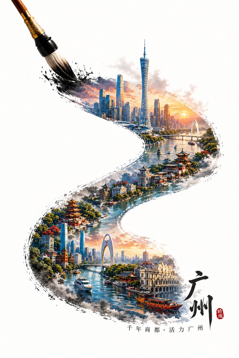 A painting brush, tracing an S-shaped calligraphy stroke from the bottom right to the top left, t...
