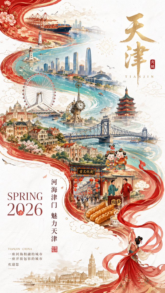 A 2026 Tianjin city promotional poster full of a festive Spring Festival atmosphere, while also p...