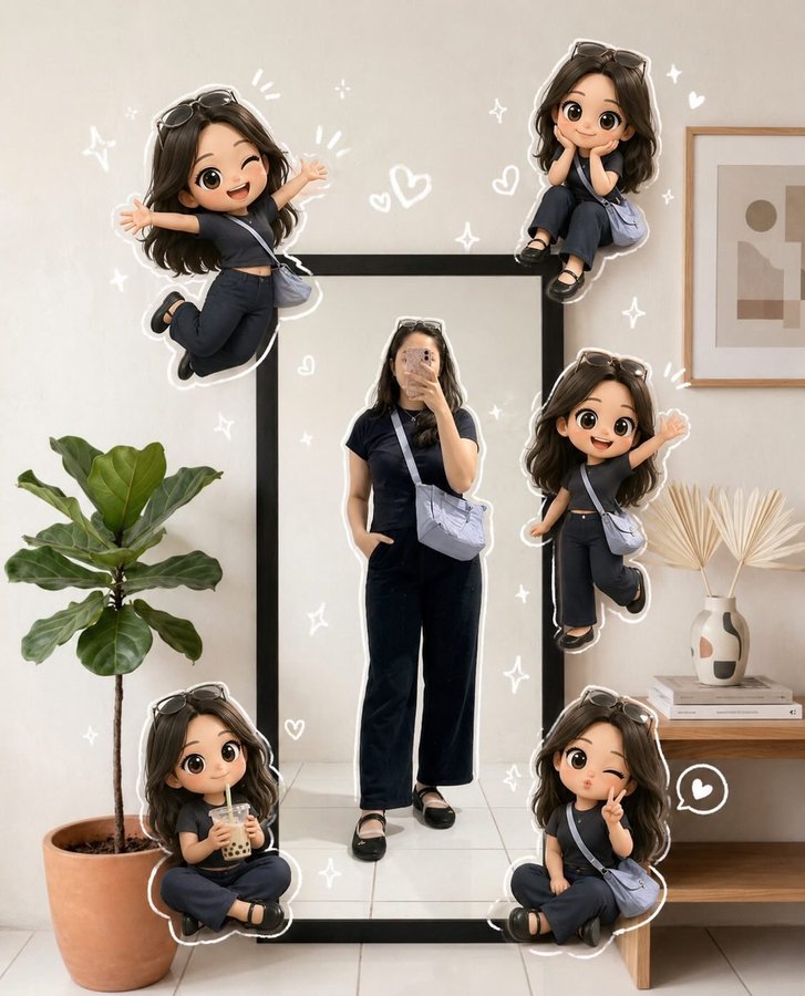 A young woman taking a mirror selfie in a minimal modern home, wearing an all-black casual outfit...