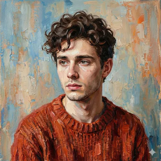 A digital oil-painted bust portrait of a slender young man (late teens/early twenties) with a con...