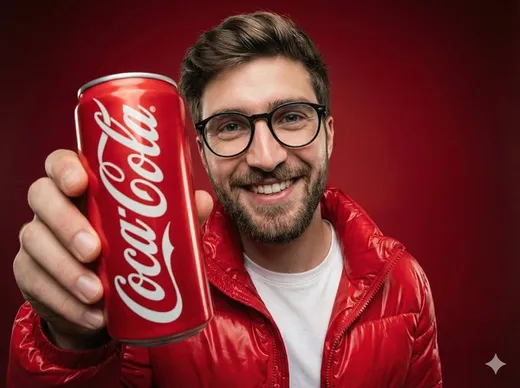 Studio portrait of one smiling person holding a Fanta orange aluminum can close to the camera, wi...