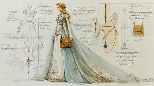 a fashion designer's sketch of an [elegant outfit or dress] inspired by [ character], featuring [...