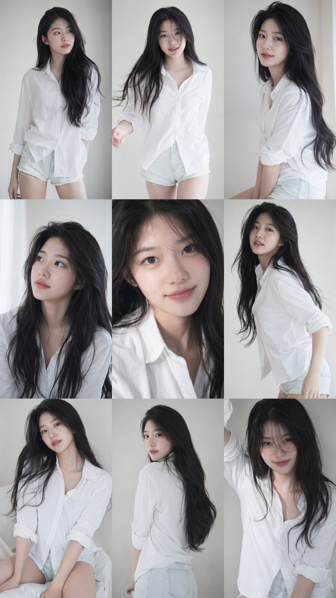 9:16 vertical — a 3x3 grid collage (nine images) forming a Korean idol portrait photoshoot series...