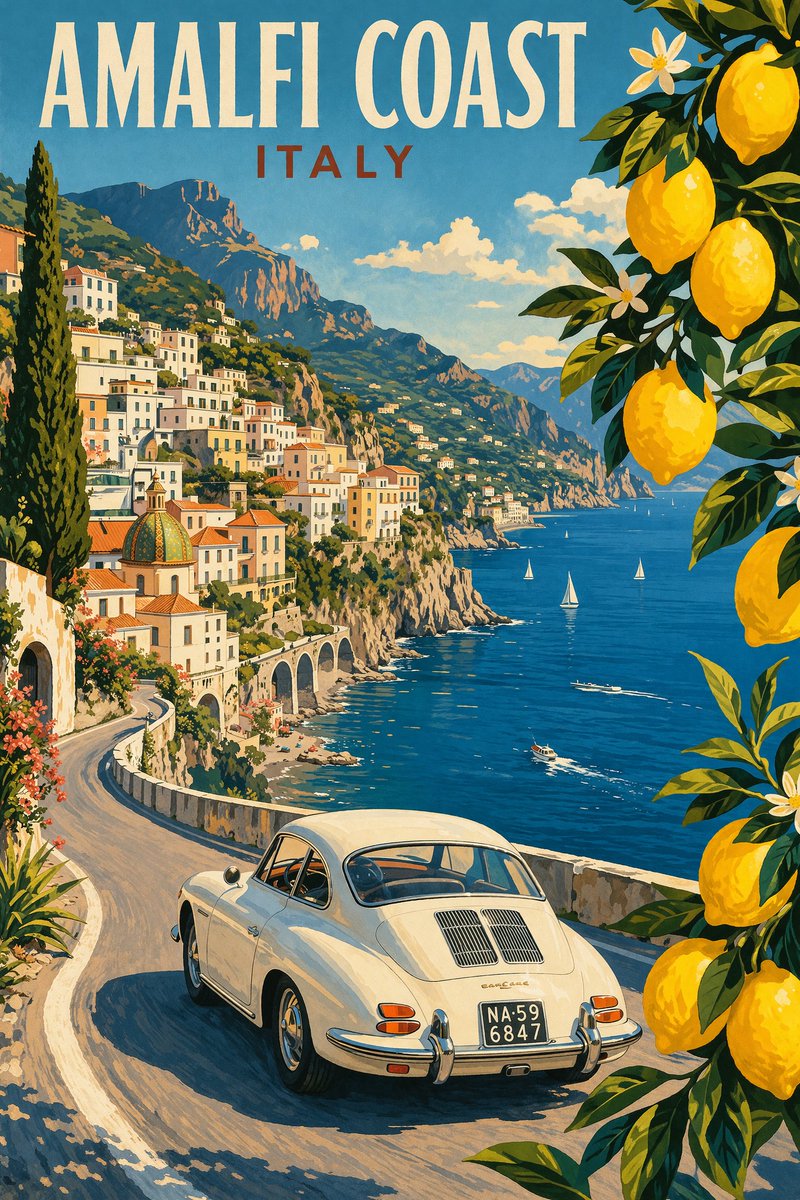 Modern pencil illustration of Vintage travel poster illustration of the Amalfi Coast, Italy, pano...