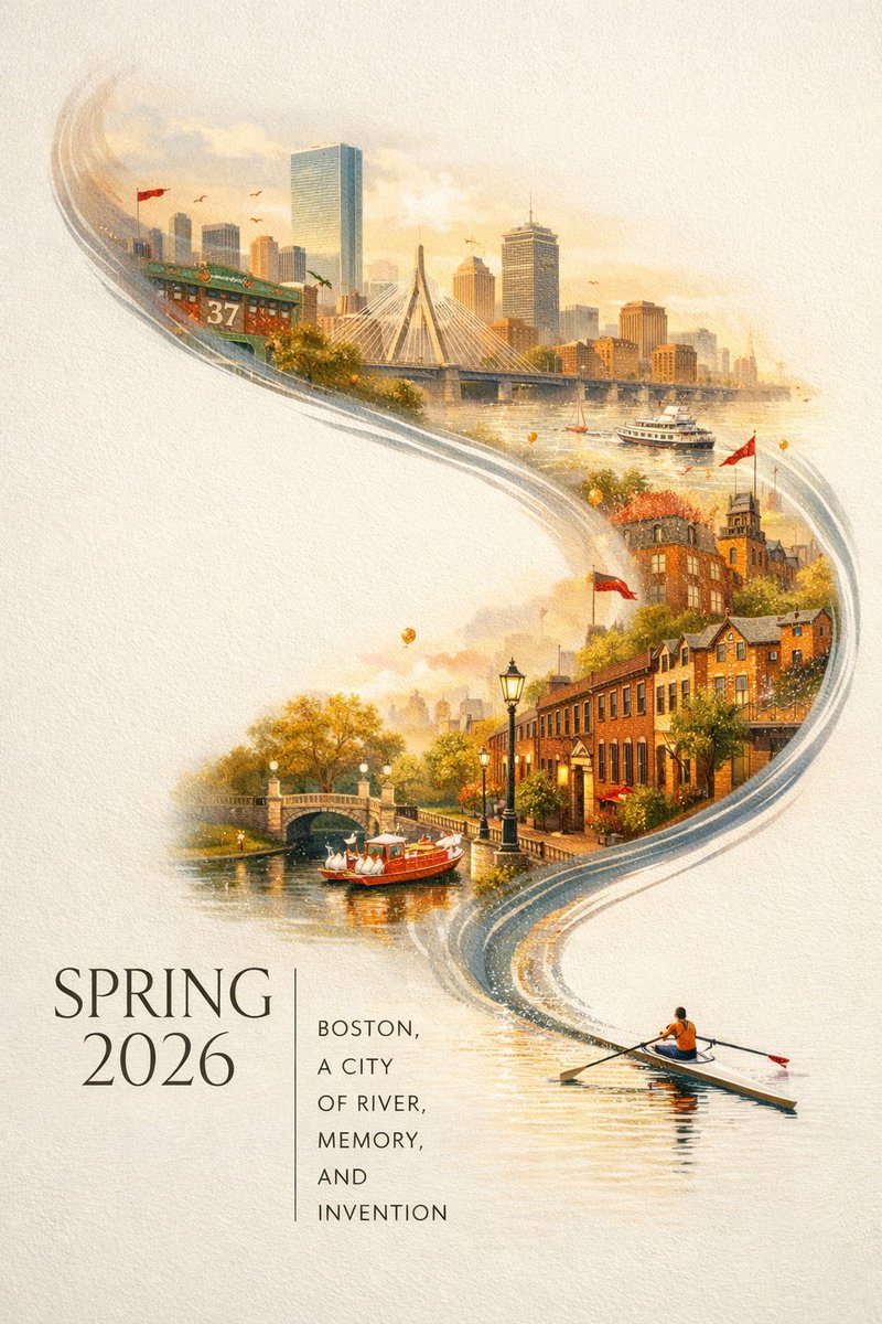 A striking Spring 2026 city poster for Boston with an elegant celebratory mood and a bold contemp...
