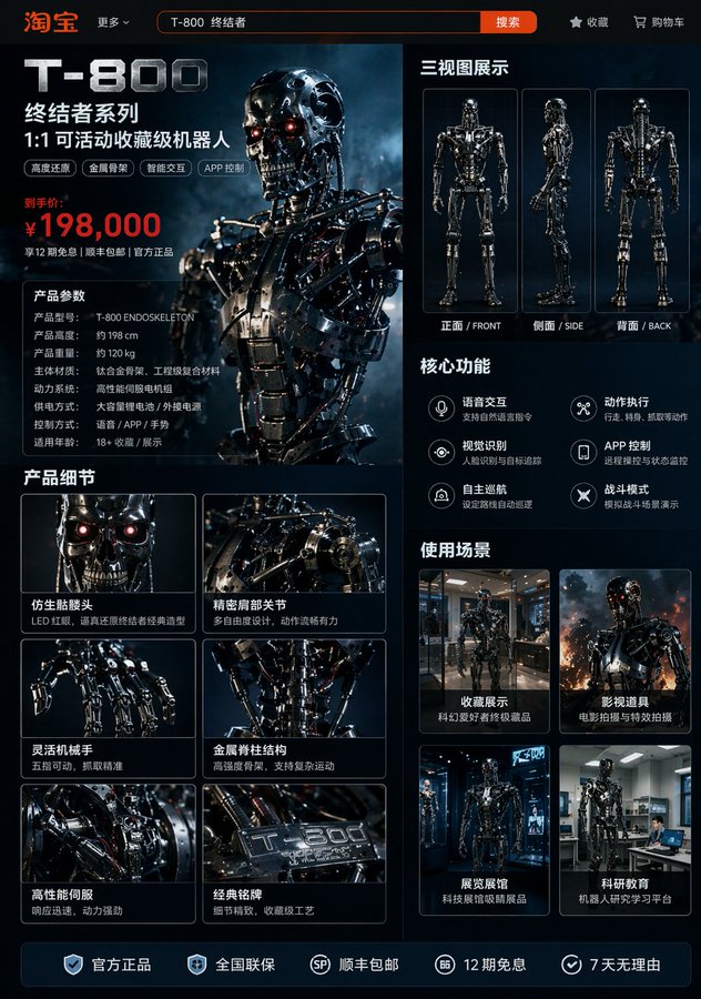 Generate image:
Taobao product detail page of a T-800 robot, showing:
front, side, and back three...